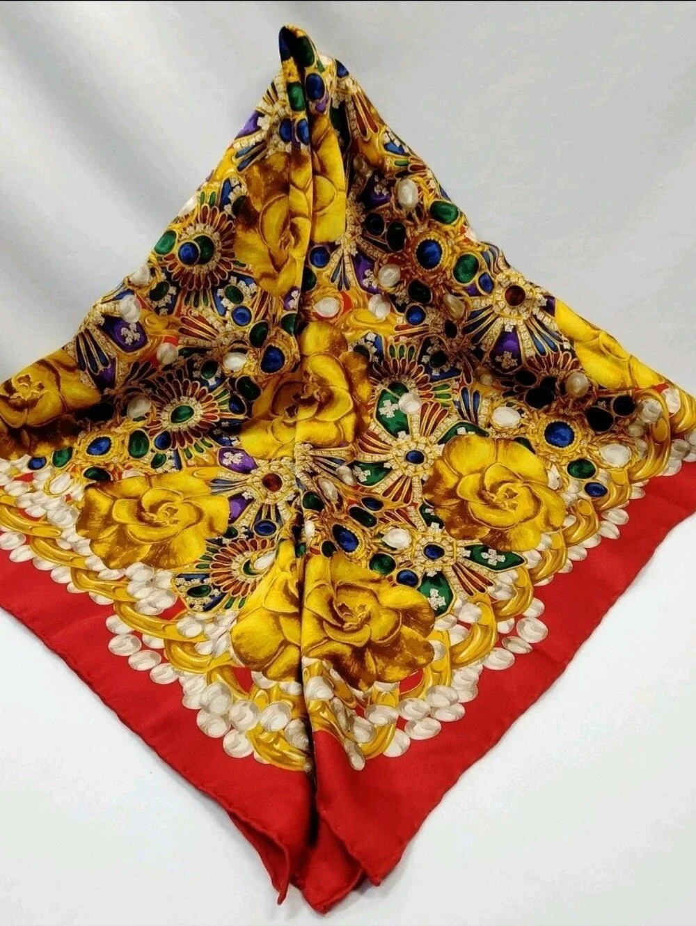 Auth Chanel Camellia And Jeweled Floral Silk Scarf with Gold Roses